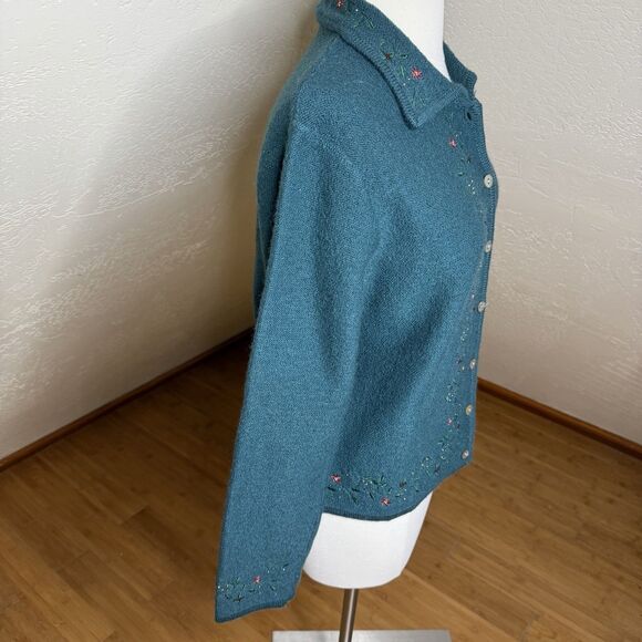 VTG Karen Scott Green Wool Embroidered Button Front Cardigan Sweater Womens M - Picture 8 of 10